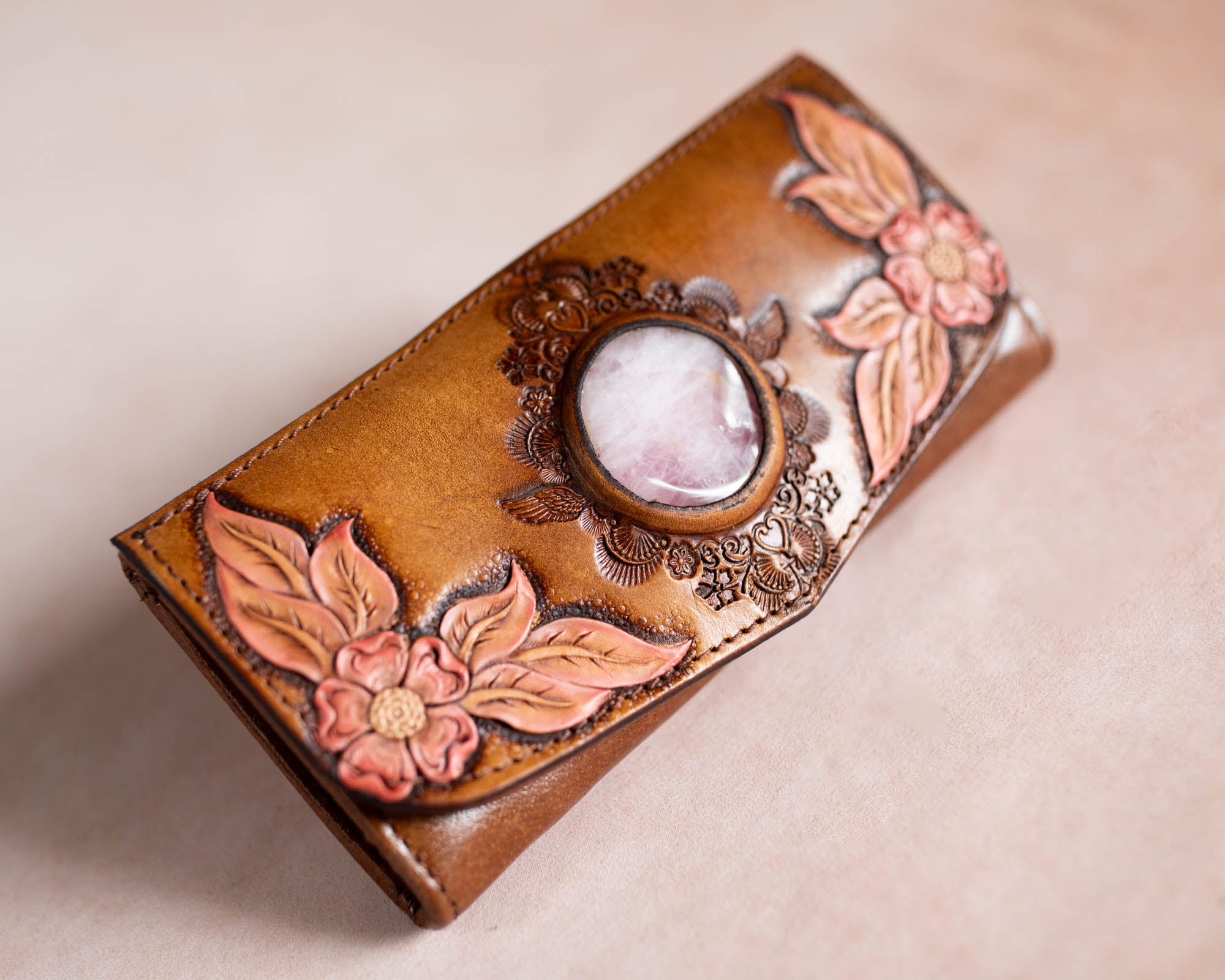 Hand Painted Flower Wallet with Rose Quartz