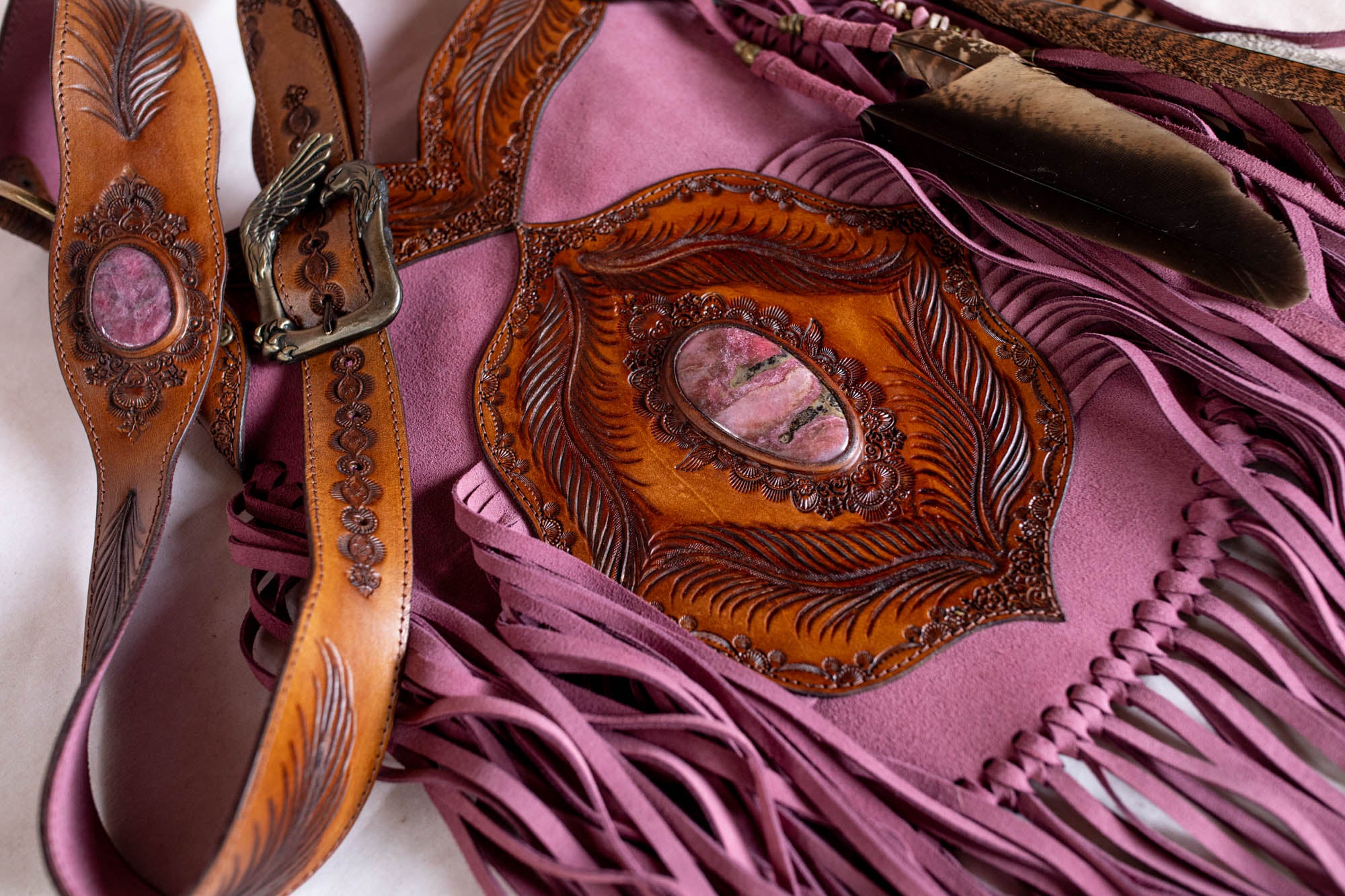 Apache Tasselled Bag with Pink Rhodonite