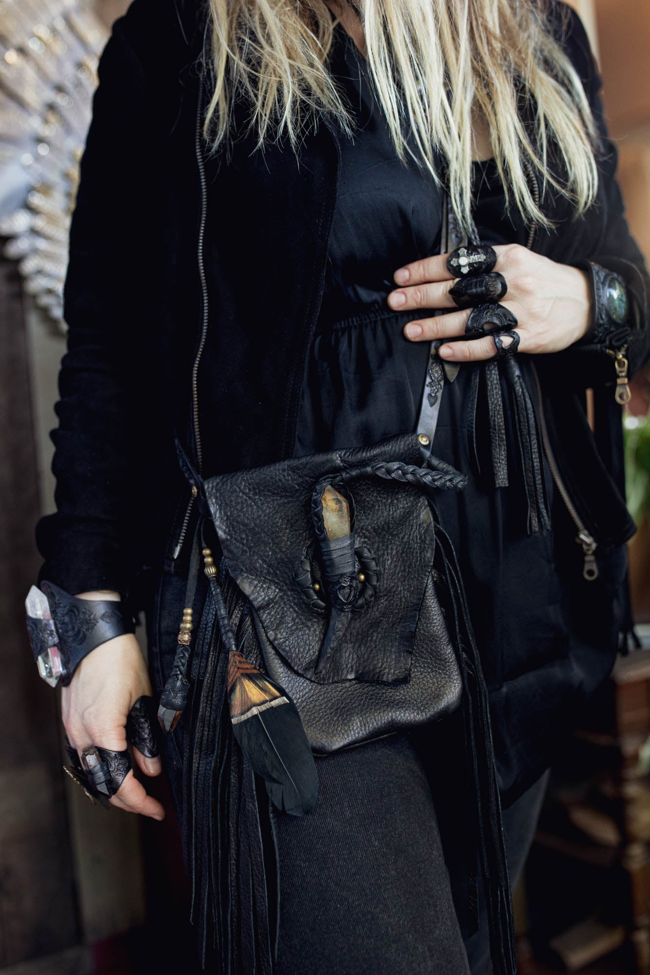 Nomad Phone Pouch with Stag Horn & Smoky Quartz Wand