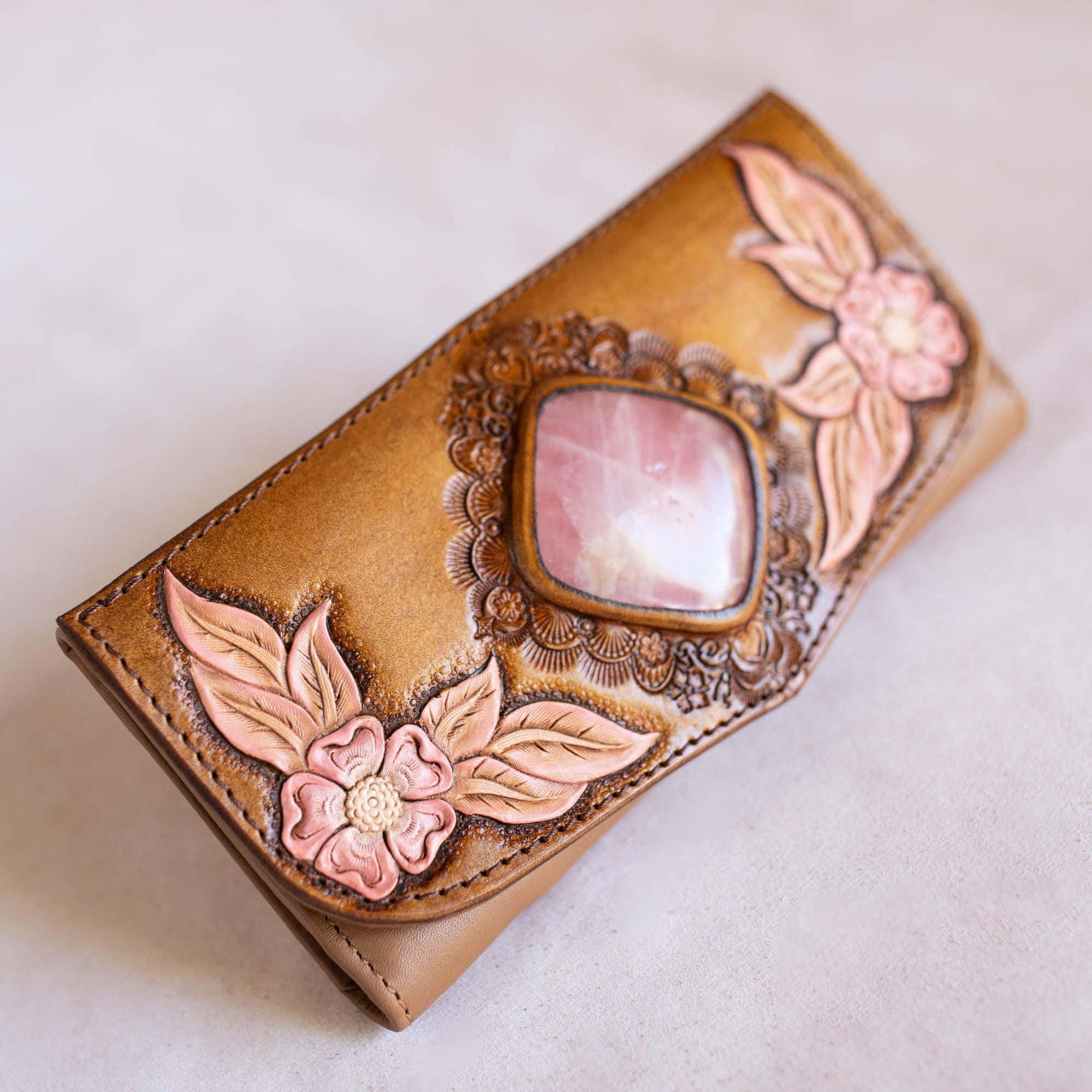 Hand Painted Flower Wallet with Rose Quartz