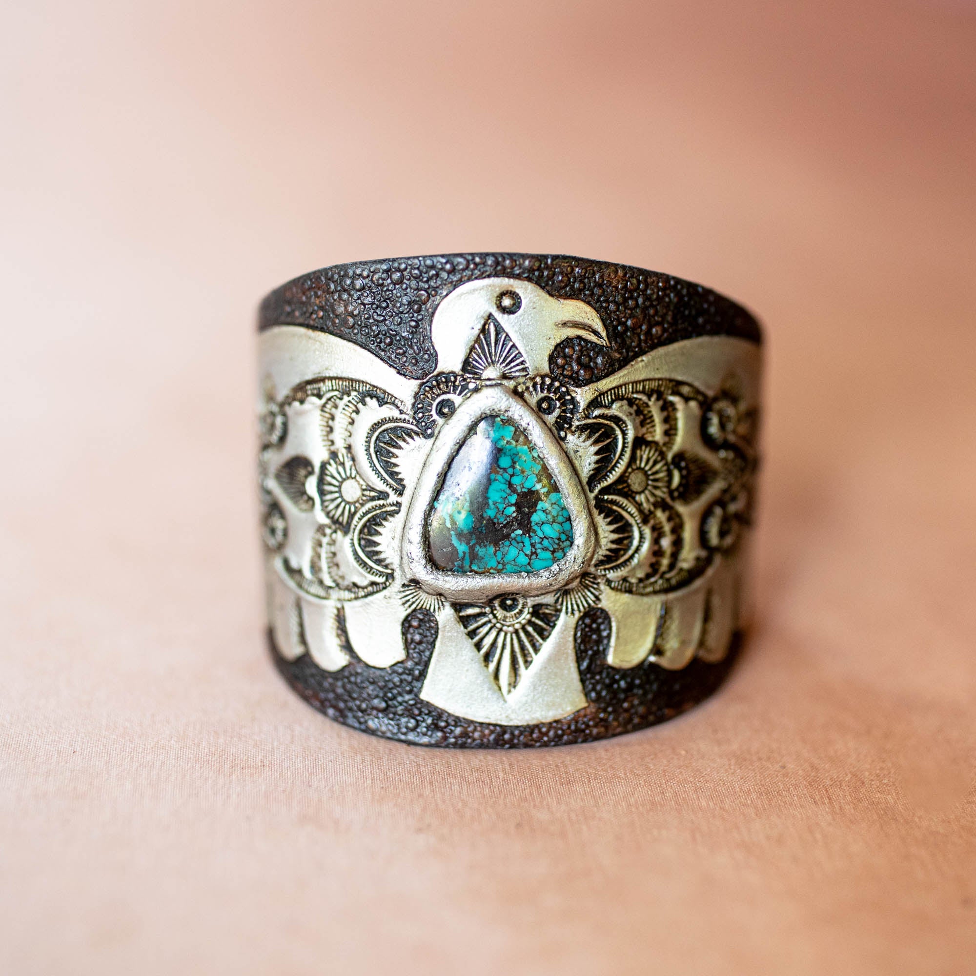 Hand Painted Thunderbird Cuff with Turquoise