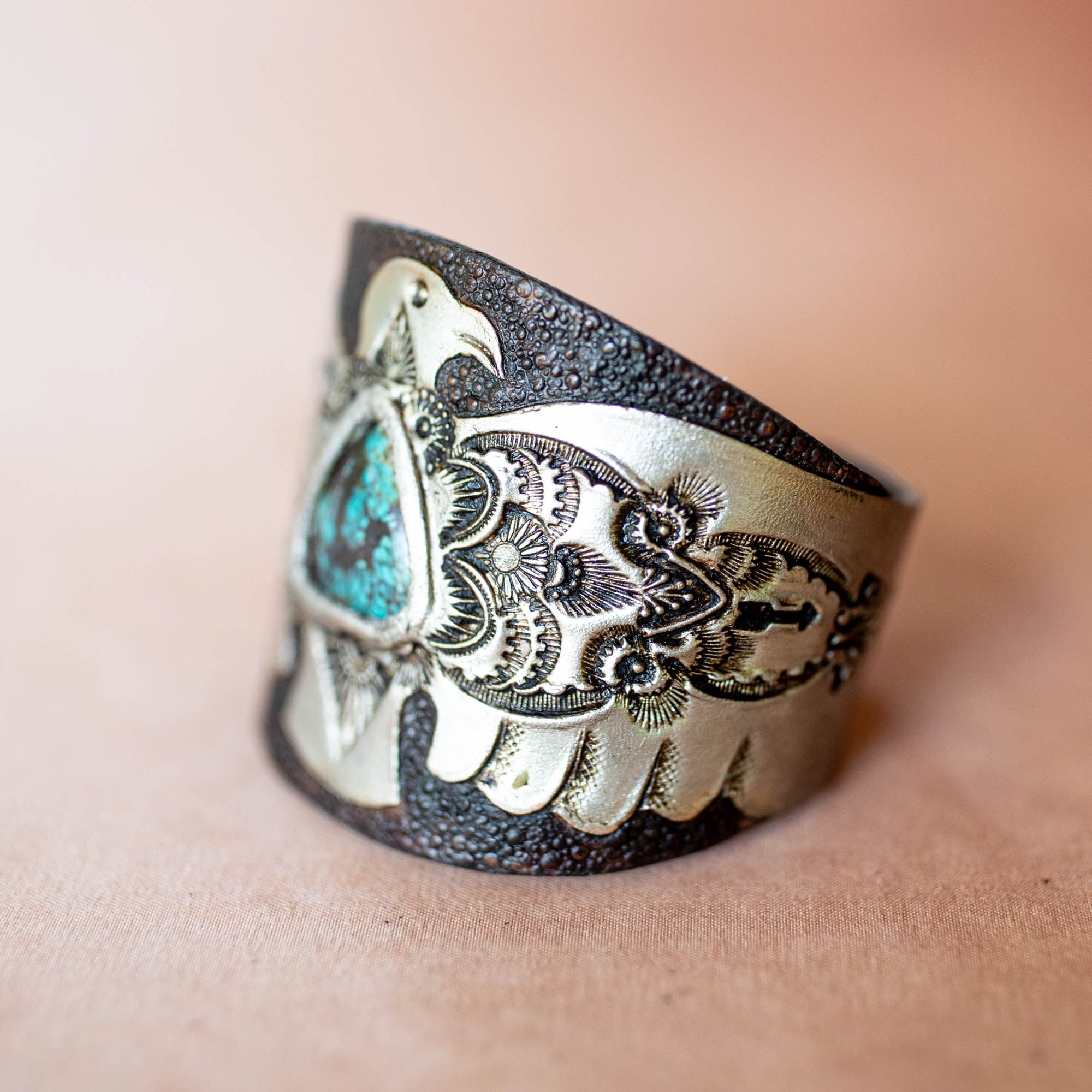 Hand Painted Thunderbird Cuff with Turquoise