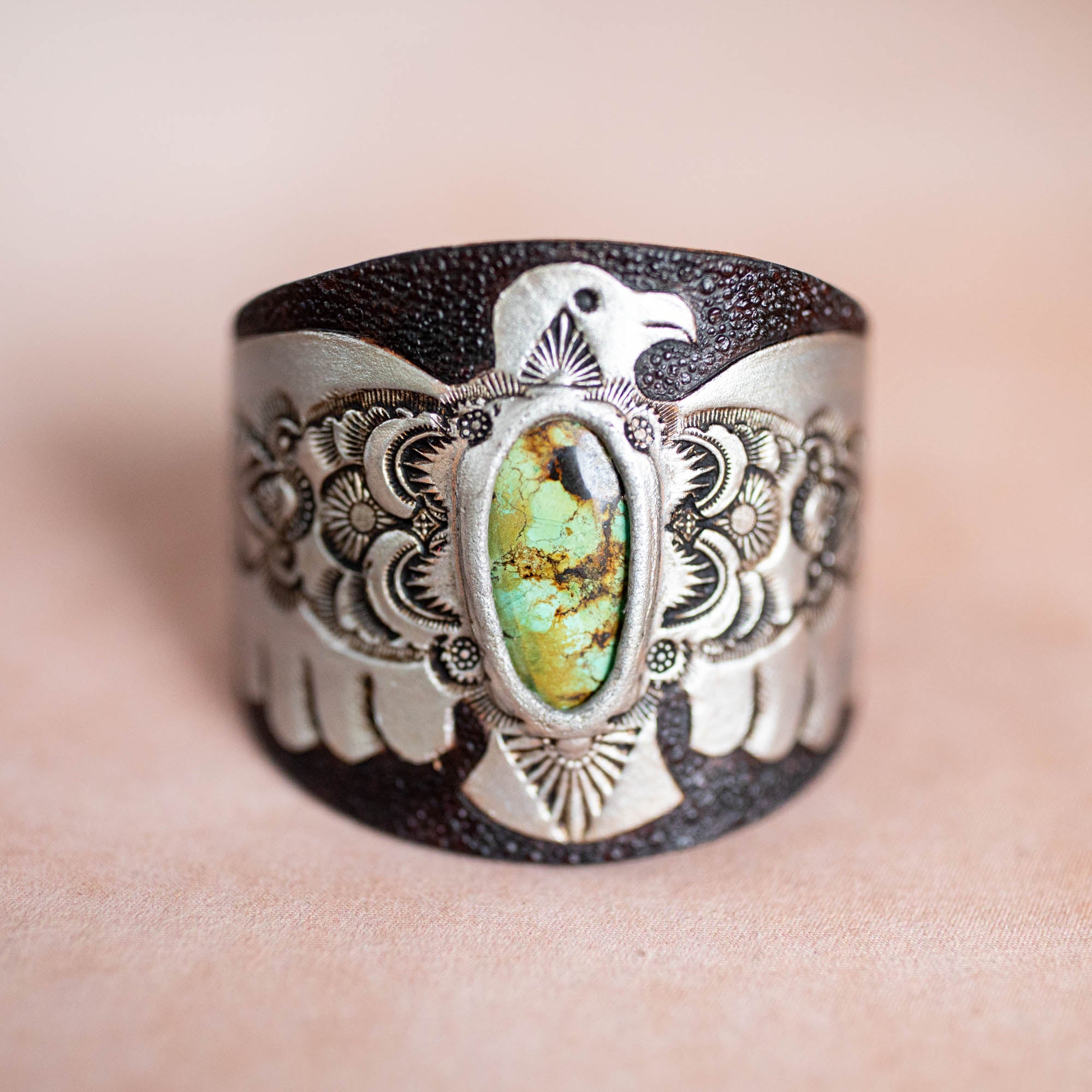 Hand Painted Thunderbird Cuff with Turquoise