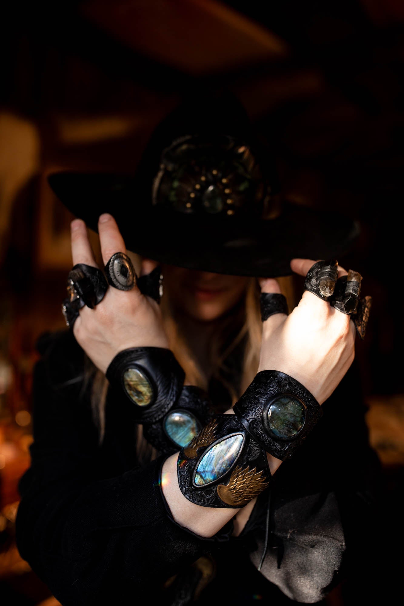 Black & Gold Guardian Wings Cuff with Labradorite