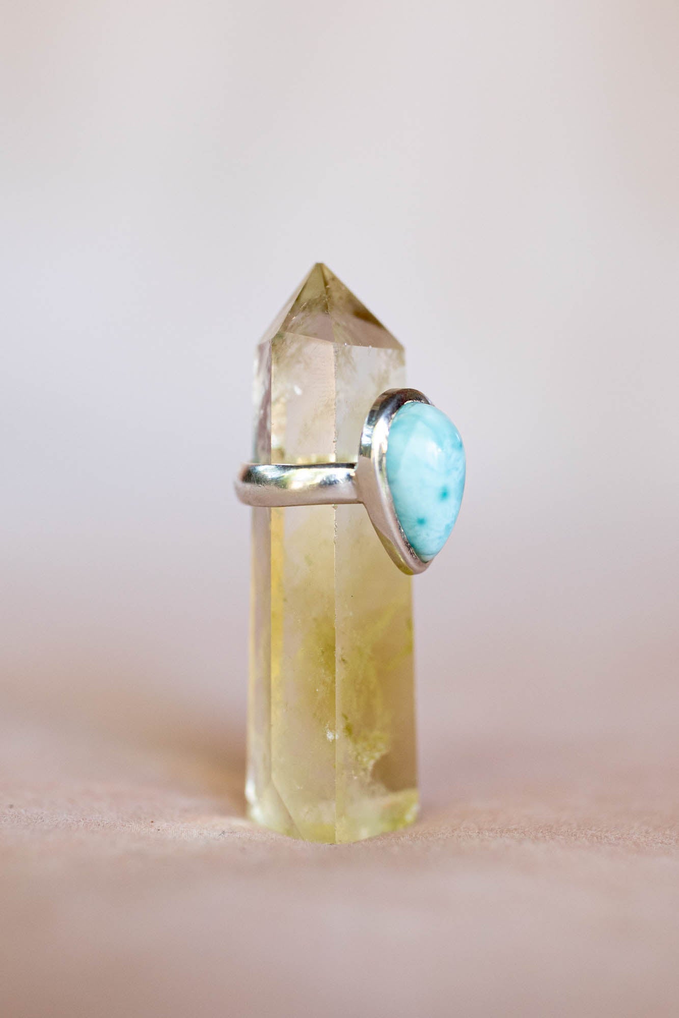 Ring with larimar stone on a crystal base 