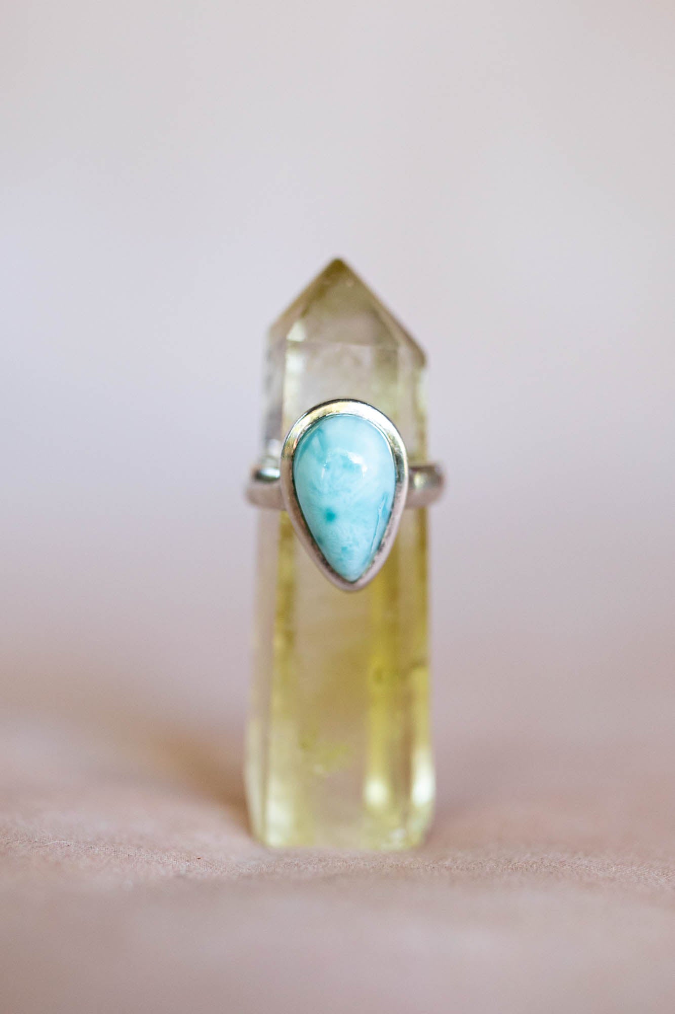 Larimar ring on a clear crystal 