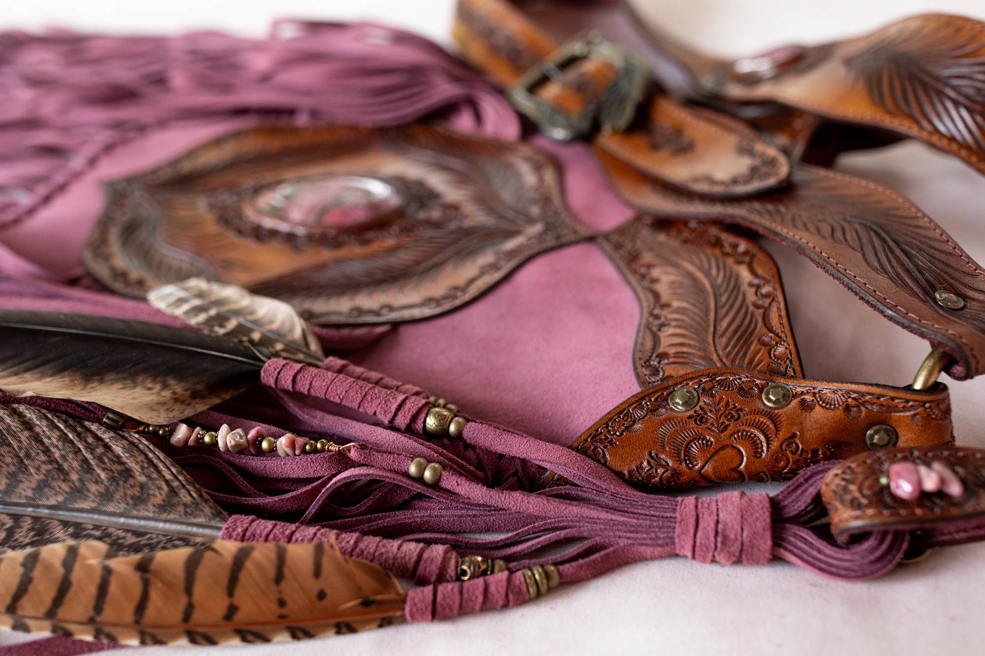Apache Tasselled Bag with Pink Rhodonite