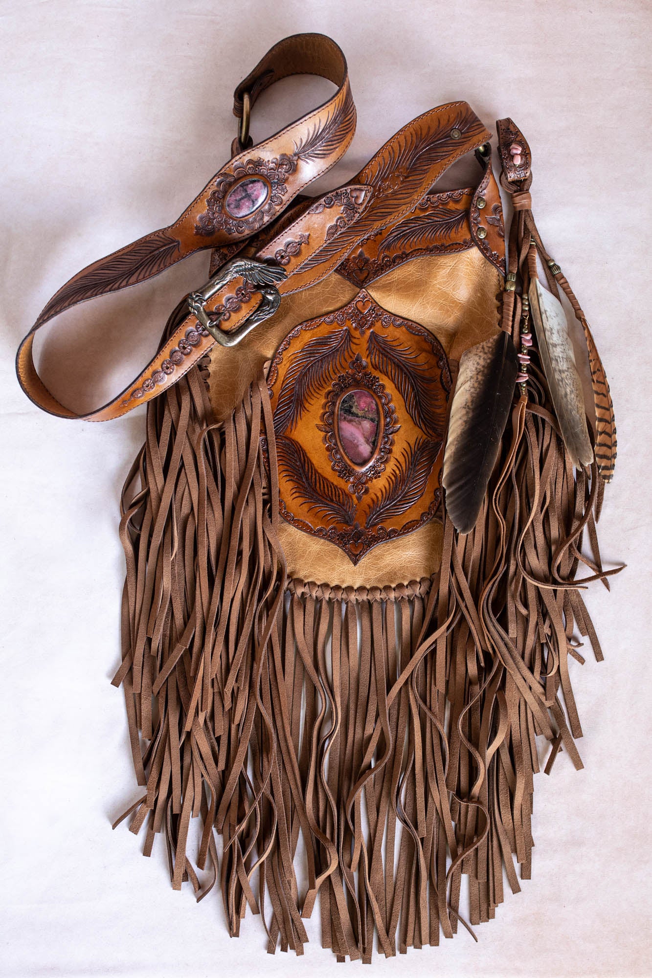 Apache Tasseled Bag with Pink Rhodonite