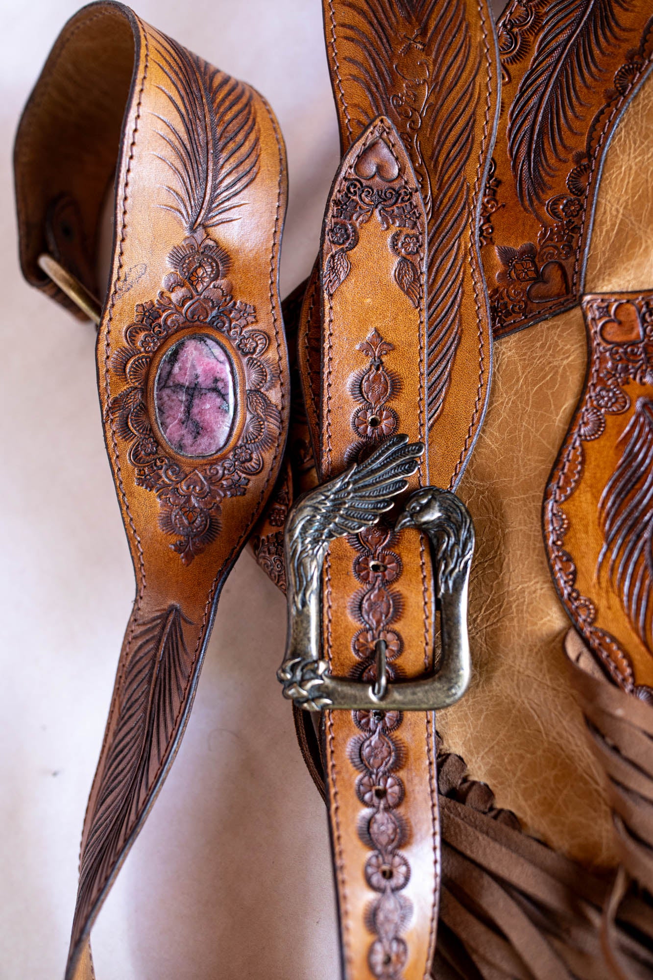 Apache Tasseled Bag with Pink Rhodonite