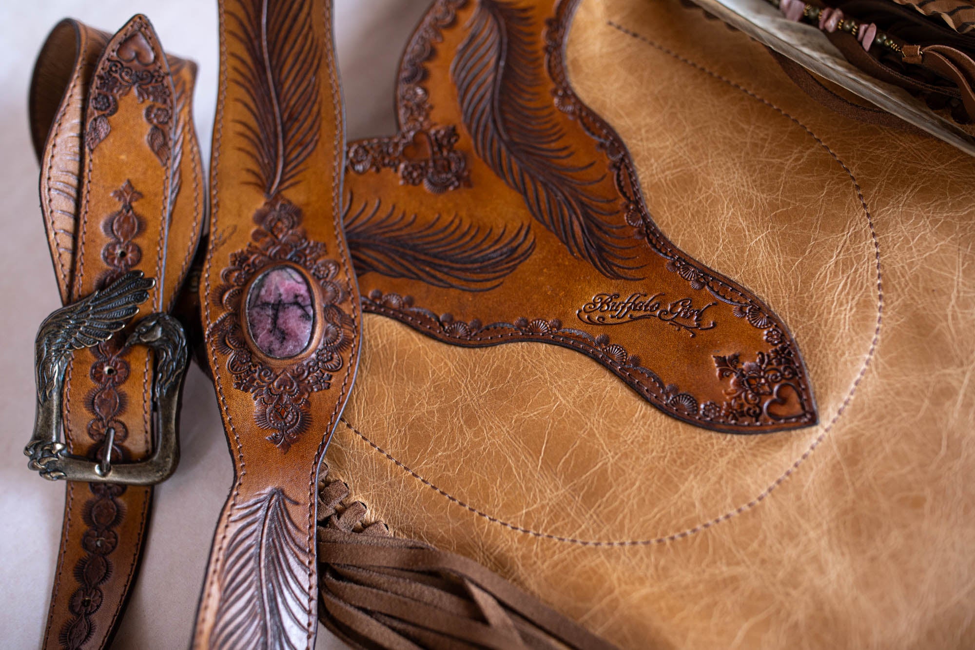 Apache Tasseled Bag with Pink Rhodonite