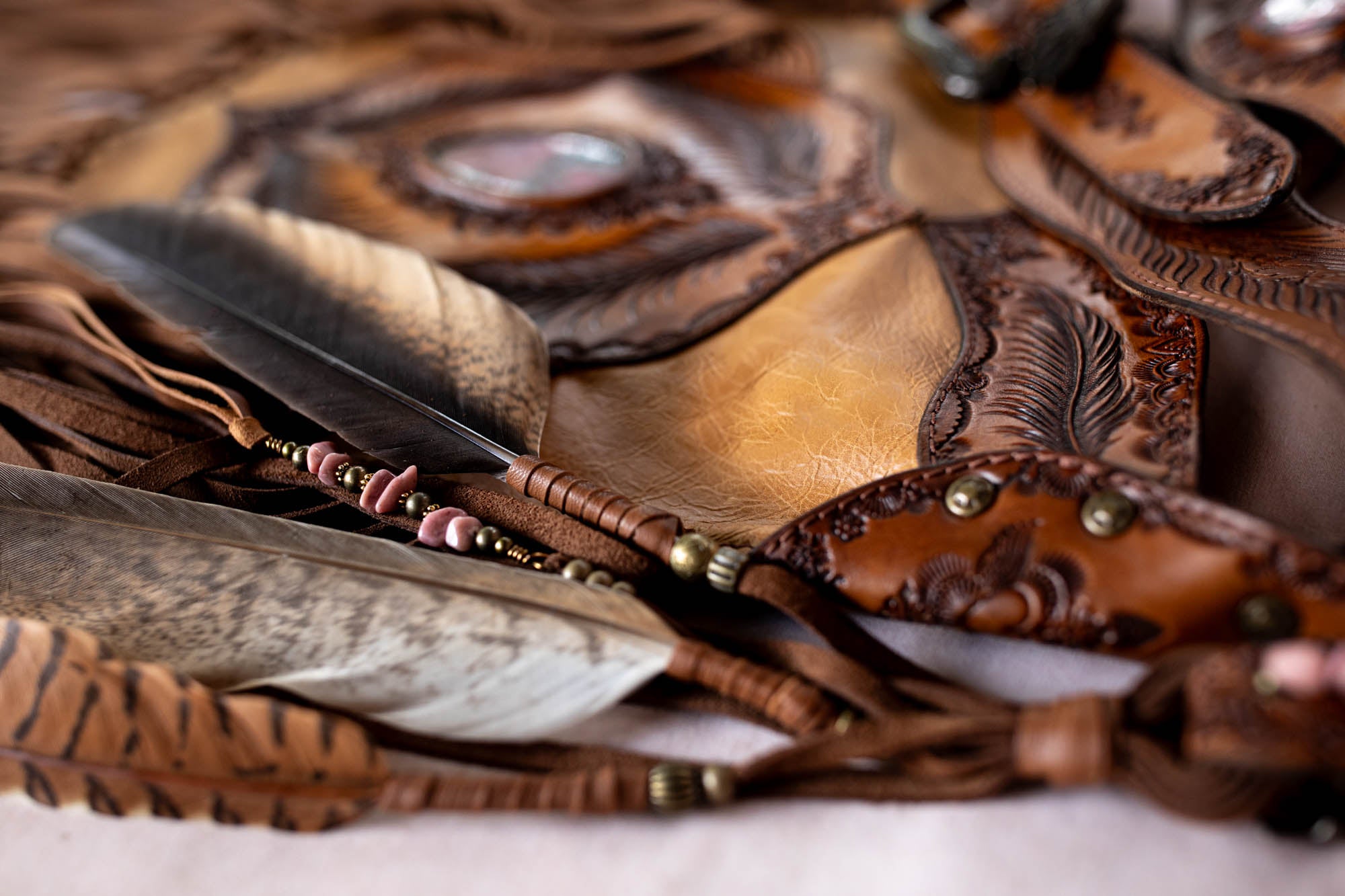 Apache Tasseled Bag with Pink Rhodonite