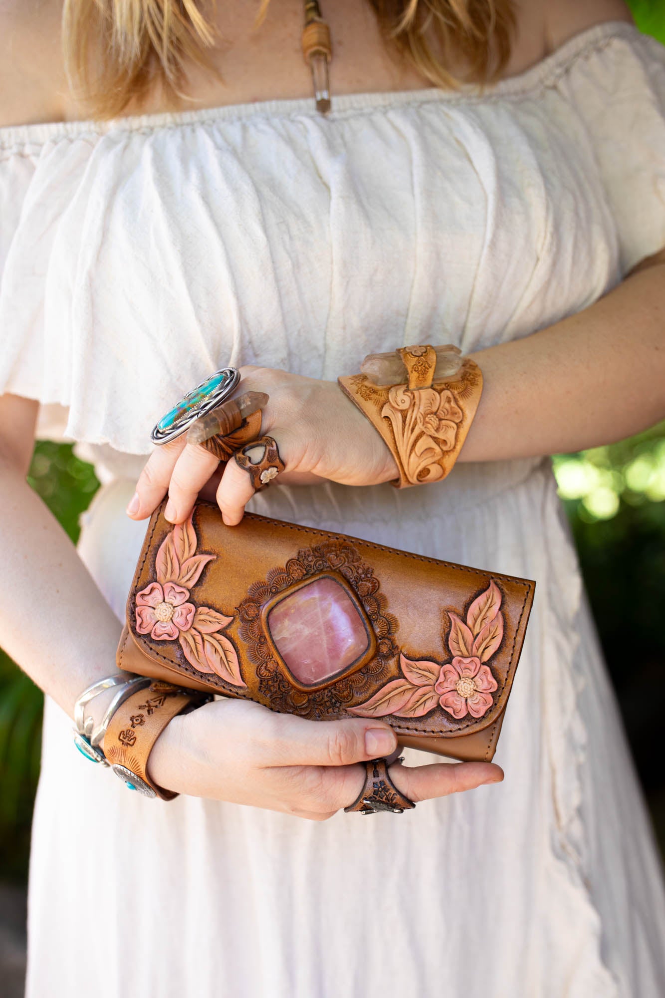 Hand Painted Flower Wallet with Rose Quartz