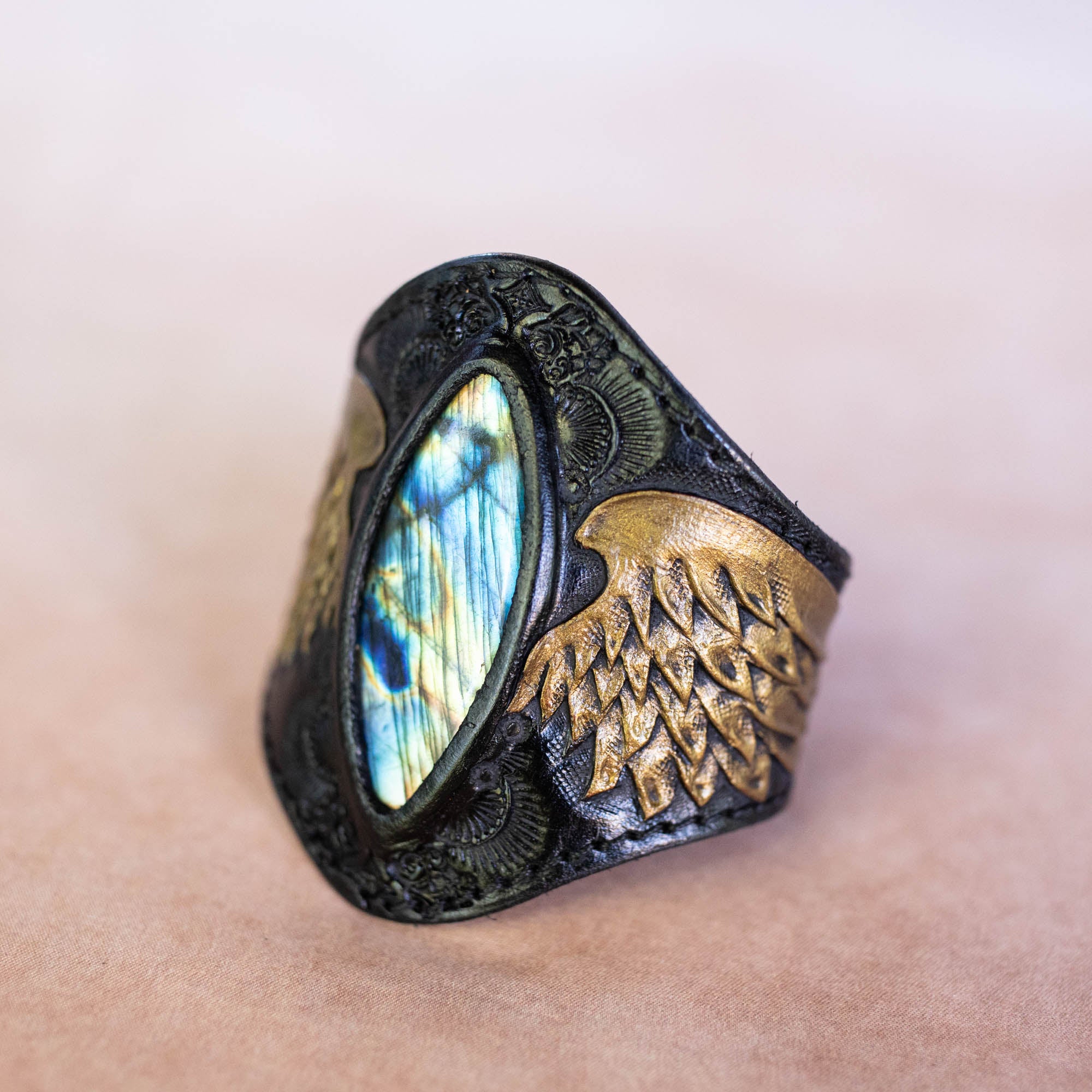 Black & Gold Guardian Wings Cuff with Labradorite