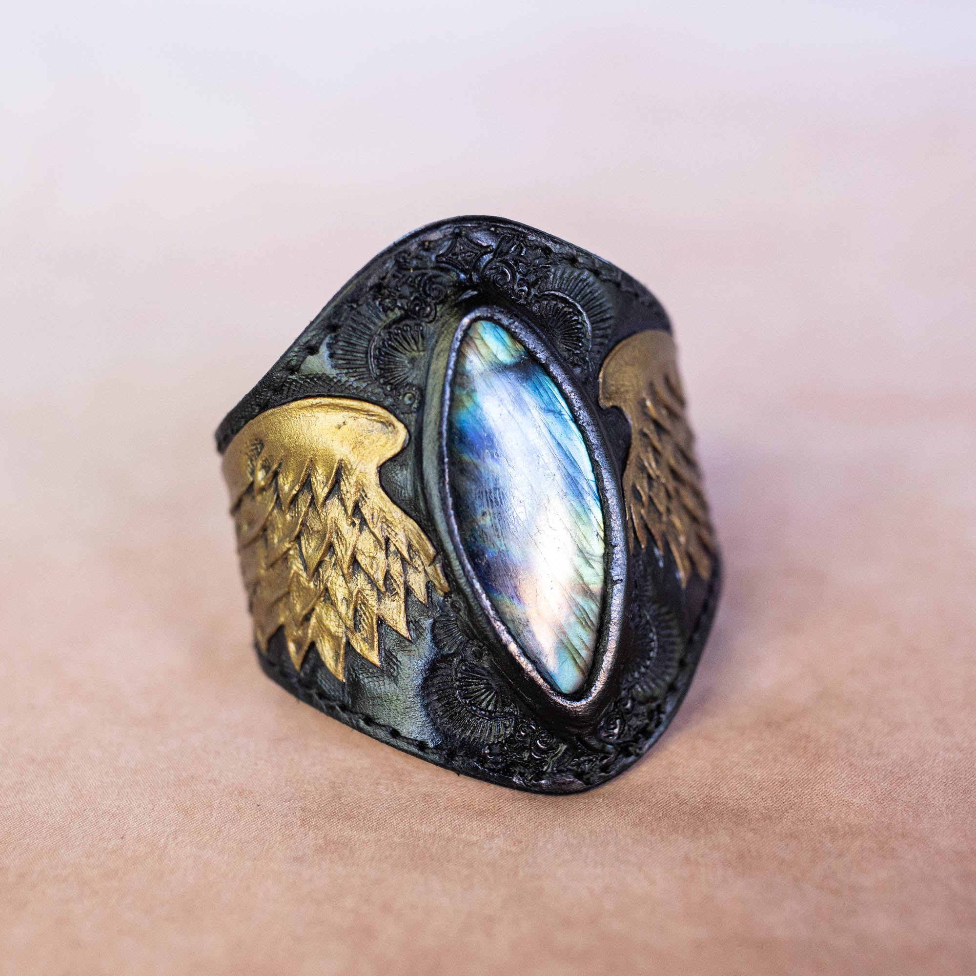 Black & Gold Guardian Wings Cuff with Labradorite