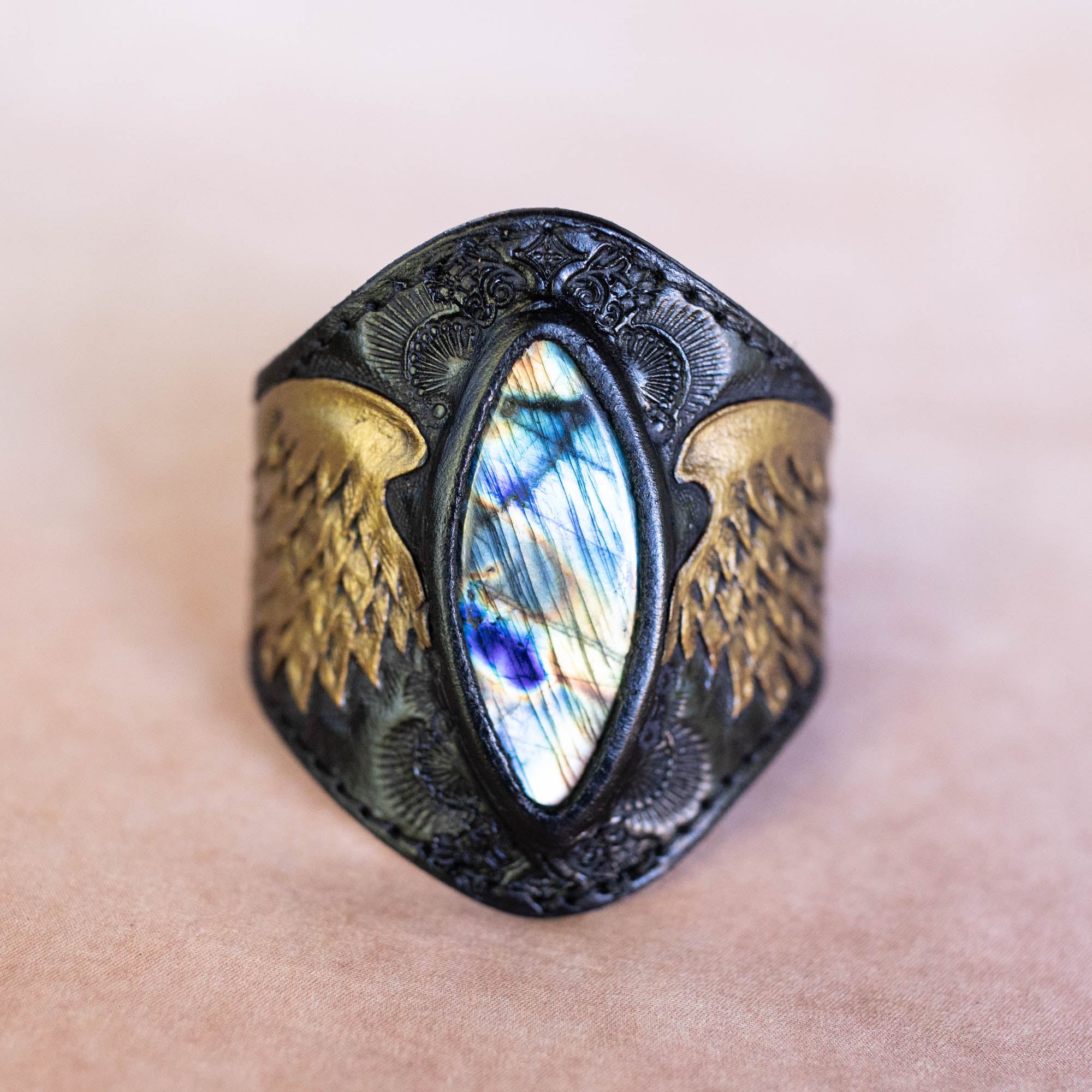 Black & Gold Guardian Wings Cuff with Labradorite