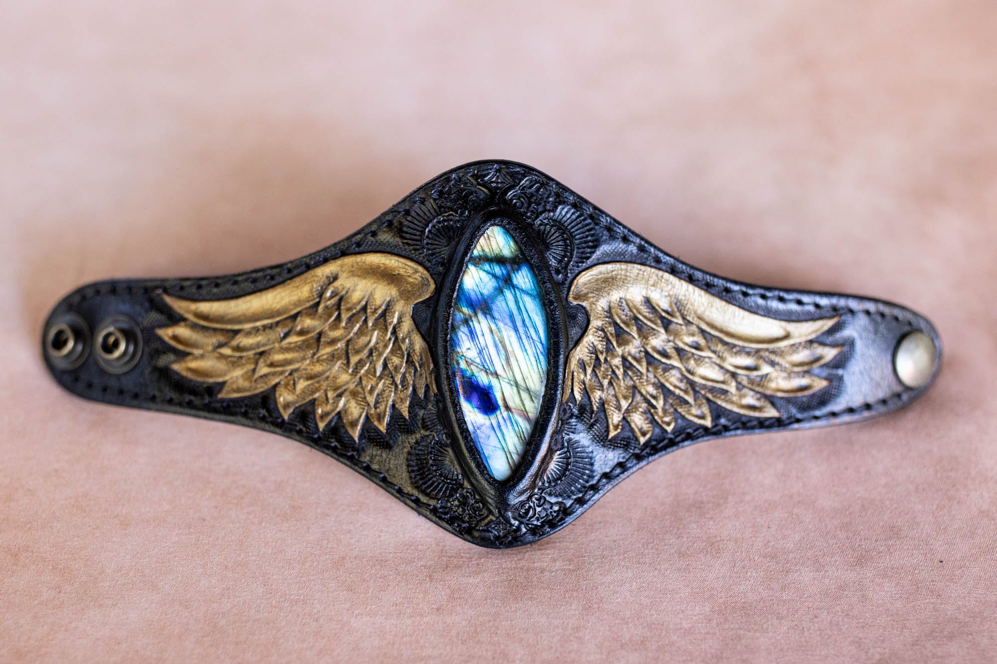 Black & Gold Guardian Wings Cuff with Labradorite